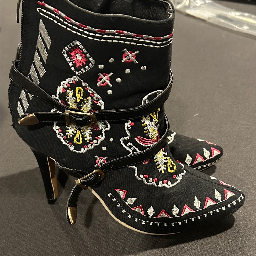 Embroidered Black Ankle Boots